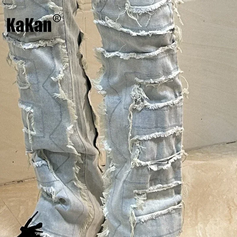 Kakan - New European and American Elastic Patch Jeans for Men, Original Real Time Patch Pants High Street Straight Tube Jeans
