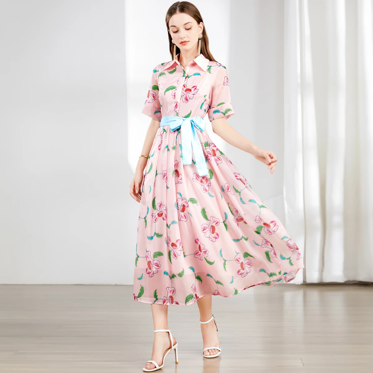 Elegante vestido estampado com flor rosa feminino, lapela feminina francesa, peito único, chiffon com renda, feriado Boho Midi, passarela de verão