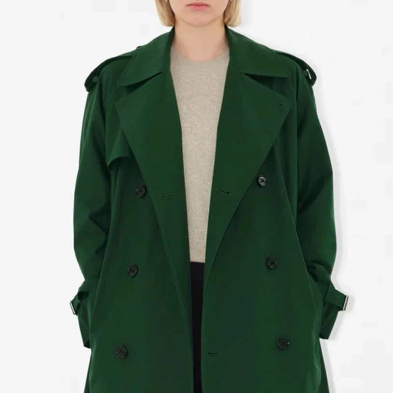 Classic Double-Breasted Knee-Length Women's Trench Coat British Fashion Waist-Cinching Slim Fit Custom Green Cotton Windbreaker