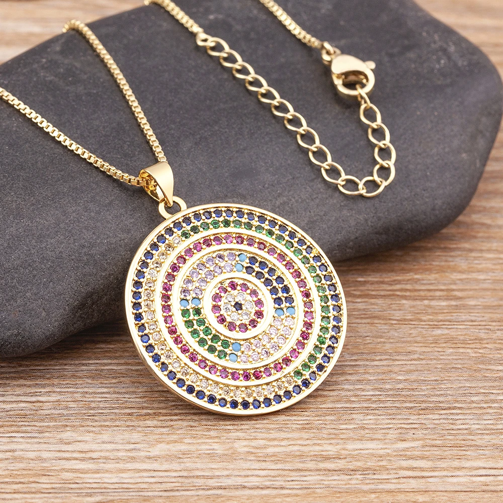 Nidin Vintage Multi Layered Round Coin Colorful Zircon Pendants Necklaces For Women Bohemia Gold Plated Long Chain Jewelry Gift