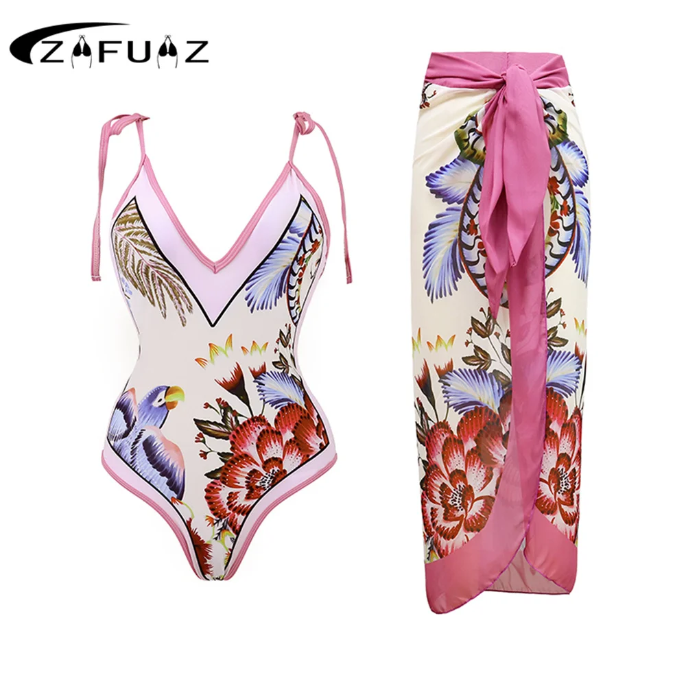 ZAFUAZ-traje de baño de 3 piezas para mujer, conjunto de Bikini con estampado de flores en 3D, traje de baño de cintura alta, Vestido de playa Sexy