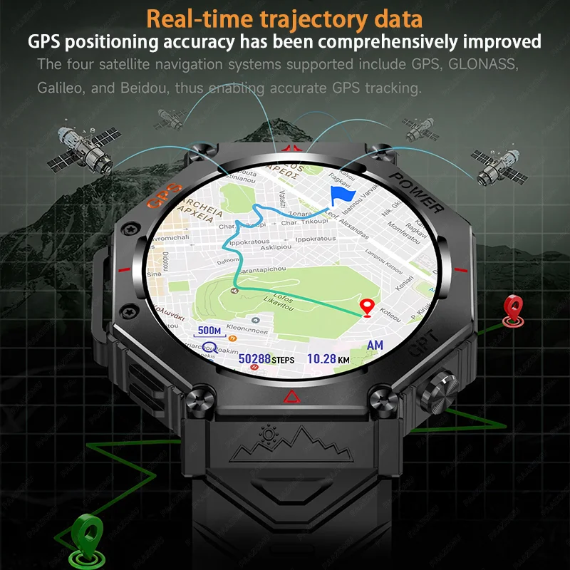 2025 GPS ساعة ذكية رياضية خارجية مع مصباح يدوي LED وبوصلة ارتفاع ضغط الهواء بلوتوث دعوة اللياقة البدنية ساعة مقاومة للماء