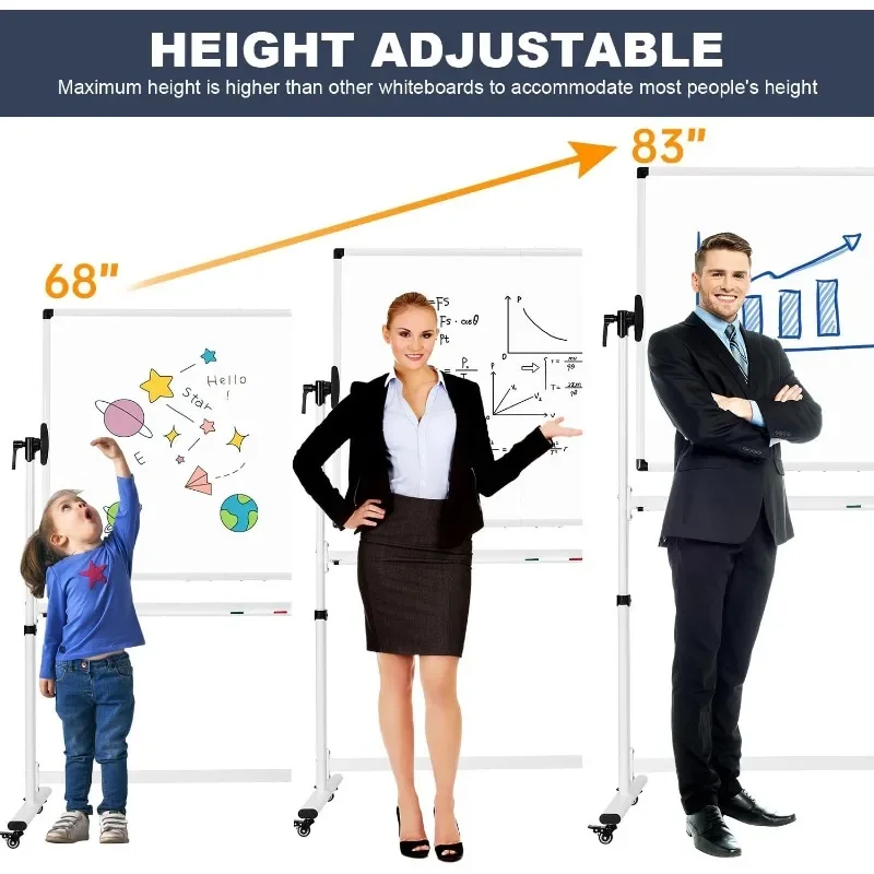 NEW.Mobile Whiteboard 48 X 36 Inches Height Adjustable Large Standing White Board on Wheels, Rolling Double-Sided Magnetic