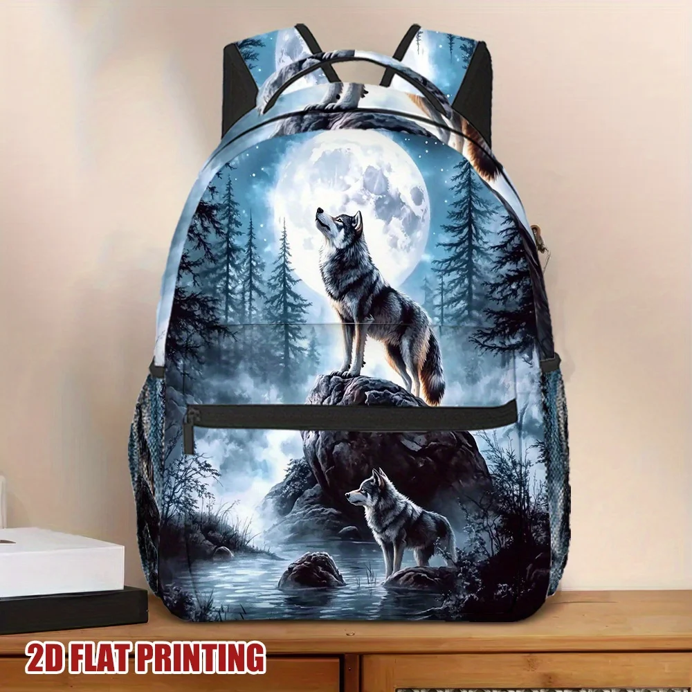 Night Moon Howling Wolf Print Backpack Forest Wildlife Pattern School Bag Casual Daypack for Teens Students Wolf Lovers