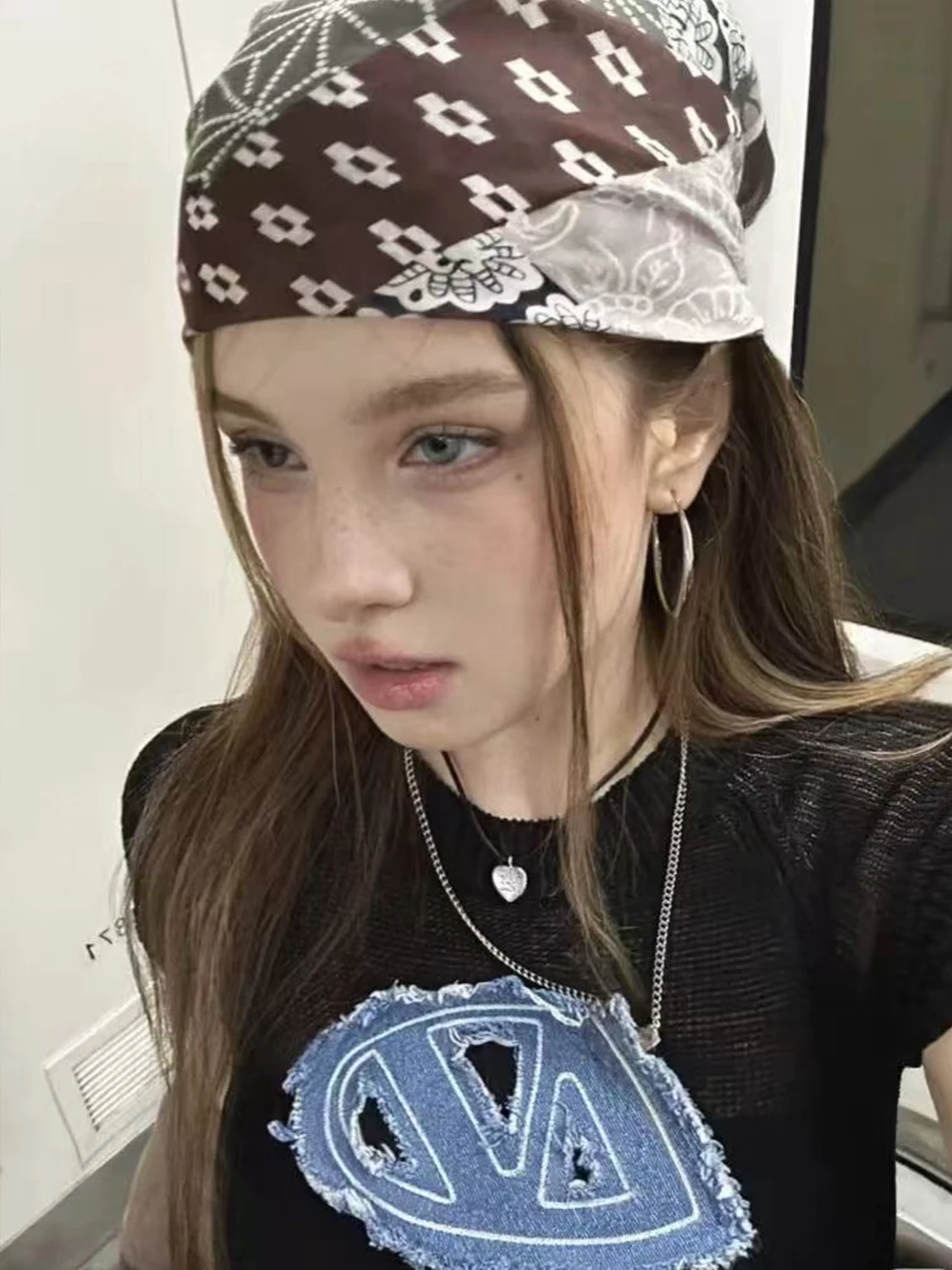 

1pc American vintage printed bandana，sweet and cool girl multi-functional hair tie, trendy thin head-wrapping square scarf