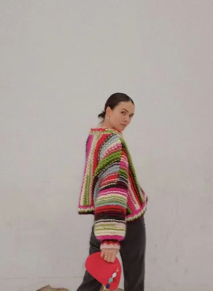 Round neck thick wool striped bright color loose hand woven pullover sweater, soft and warm pure wool top, comfortable sweater