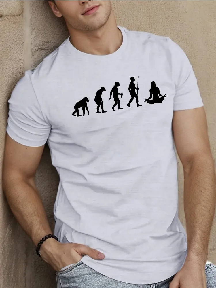 T-shirt ample gris clair pour homme Yoga Humor, motif artistique de l'évolution de l'homme à l'humain, pose de méditation finale, silhouette noire, en coton
