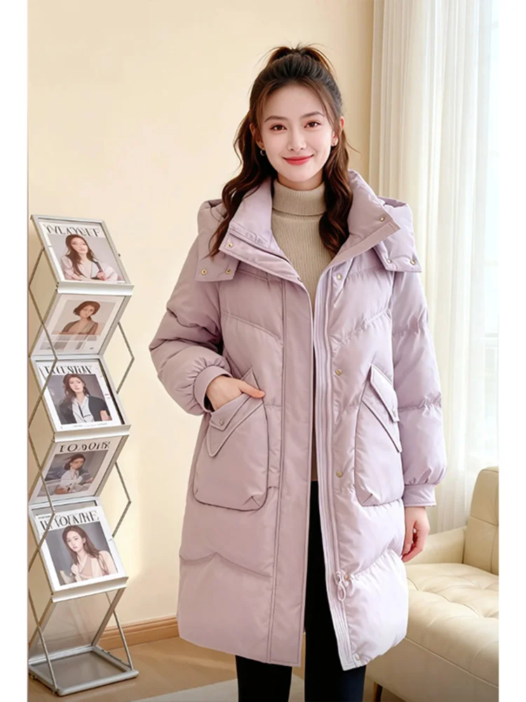 

Purple Thiened Long Bread Sle down Cotton Jaet Women's Winter Coat Large Size Korean Sle Straight Cut Commute Faion