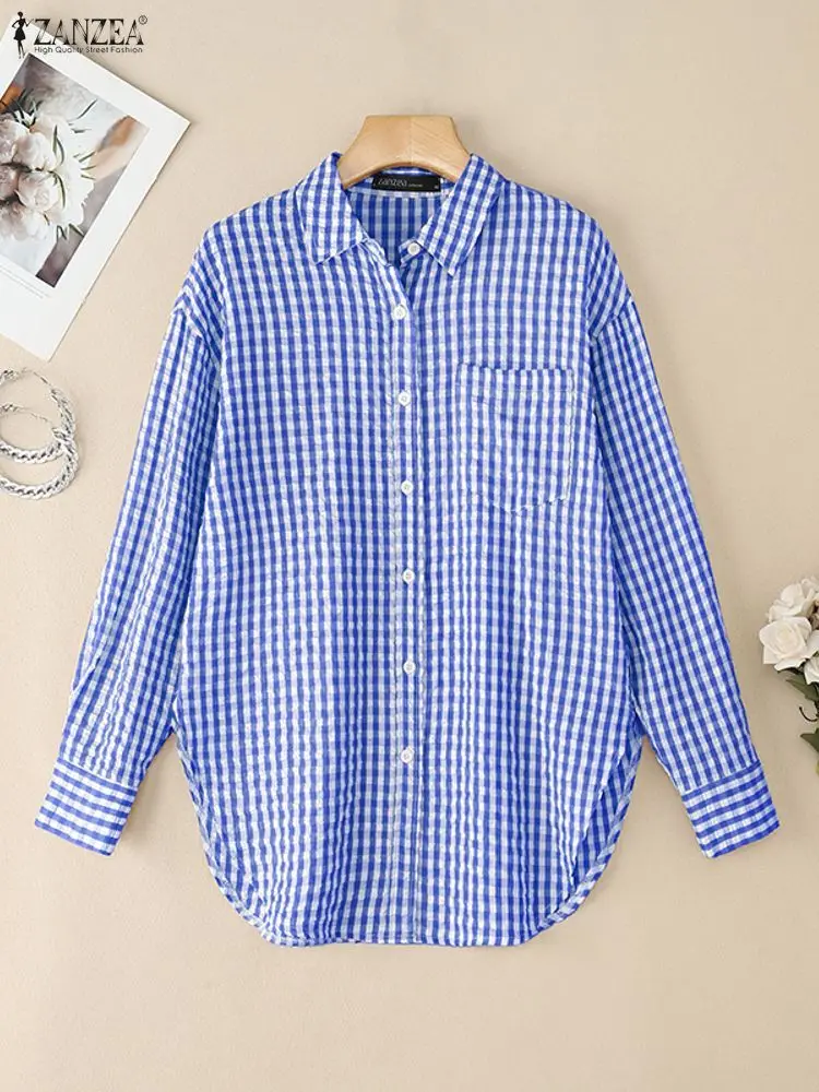 2025 ZANZEA Autumn Plaid Checked Shirt Women Lapel Neck Long Sleeve Tops Elegant OL Work Blouse Buttons Blusas Oversize Chemise