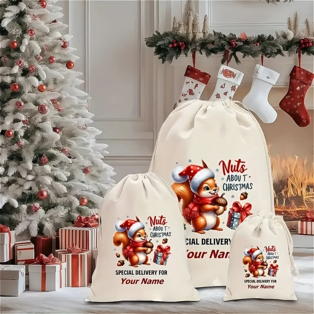 1Pc Custom Name/Text Santa Claus Imitation Hemp Gift Bag, Extra-Large Christmas Drawstring Closure Storage Bag, Party Candy Bag