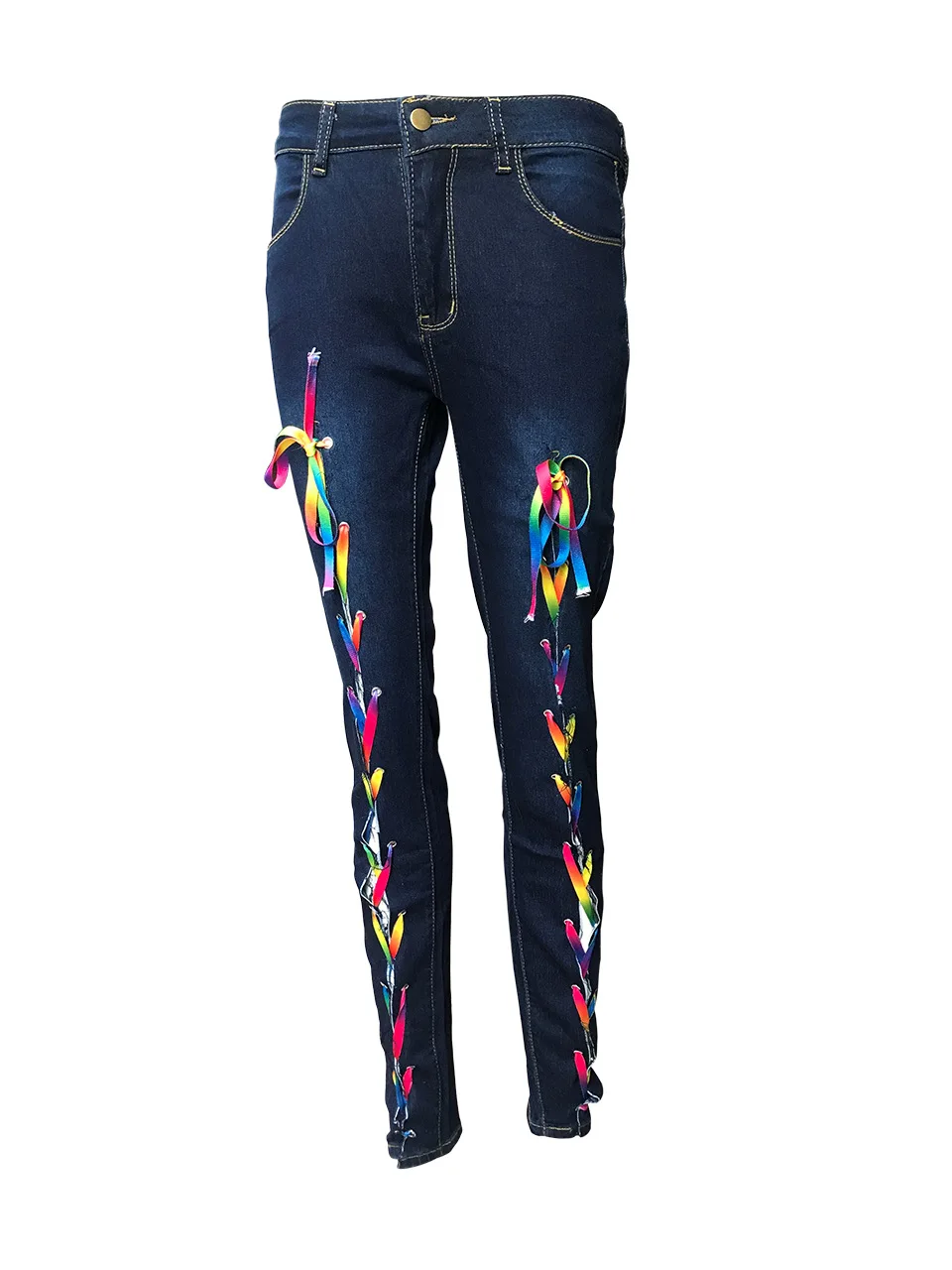 Fashion Casual Lace-Up Colored Rope Denim Trousers Women\'s Jeans Women\'s Clothing