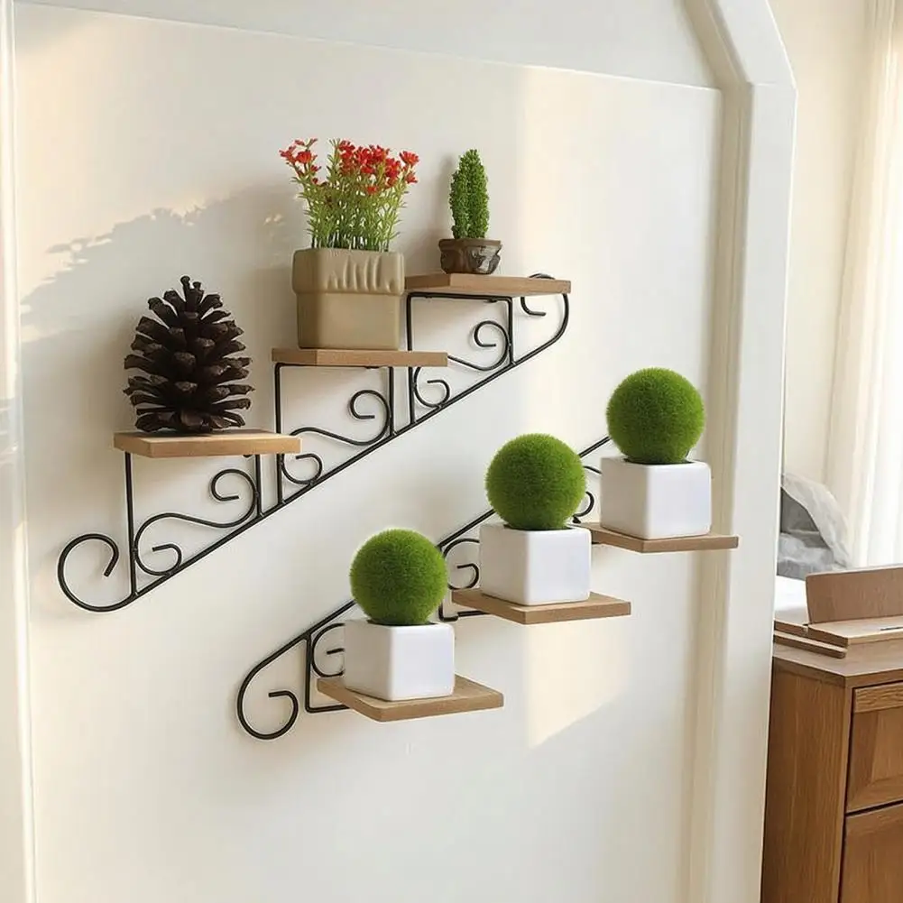 Style Storage Unit Iron Staircase Wall Decor Vintage Floating Wall Mount Shelf Rustic Iron Wood Storage Rack for Entryway