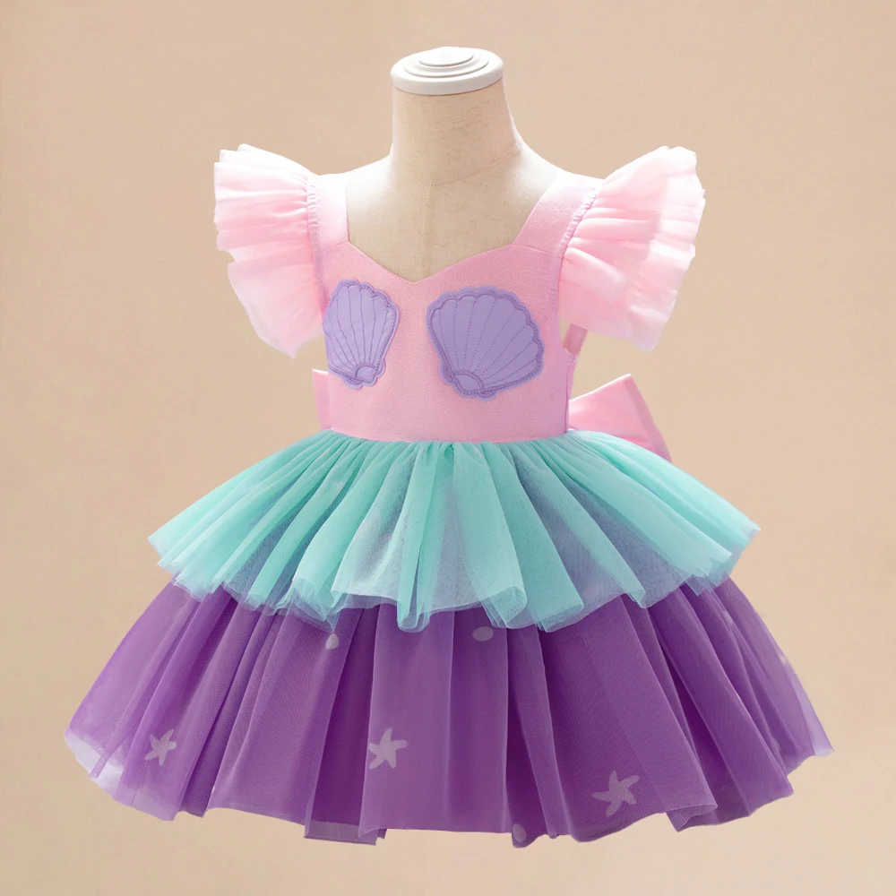 Baby Girl Mermaid Cosplay Party Dress Girls Flying Sleeve Princess Dresses Toddler Layered Tulle Tutu Gown Kids Birthday Costume