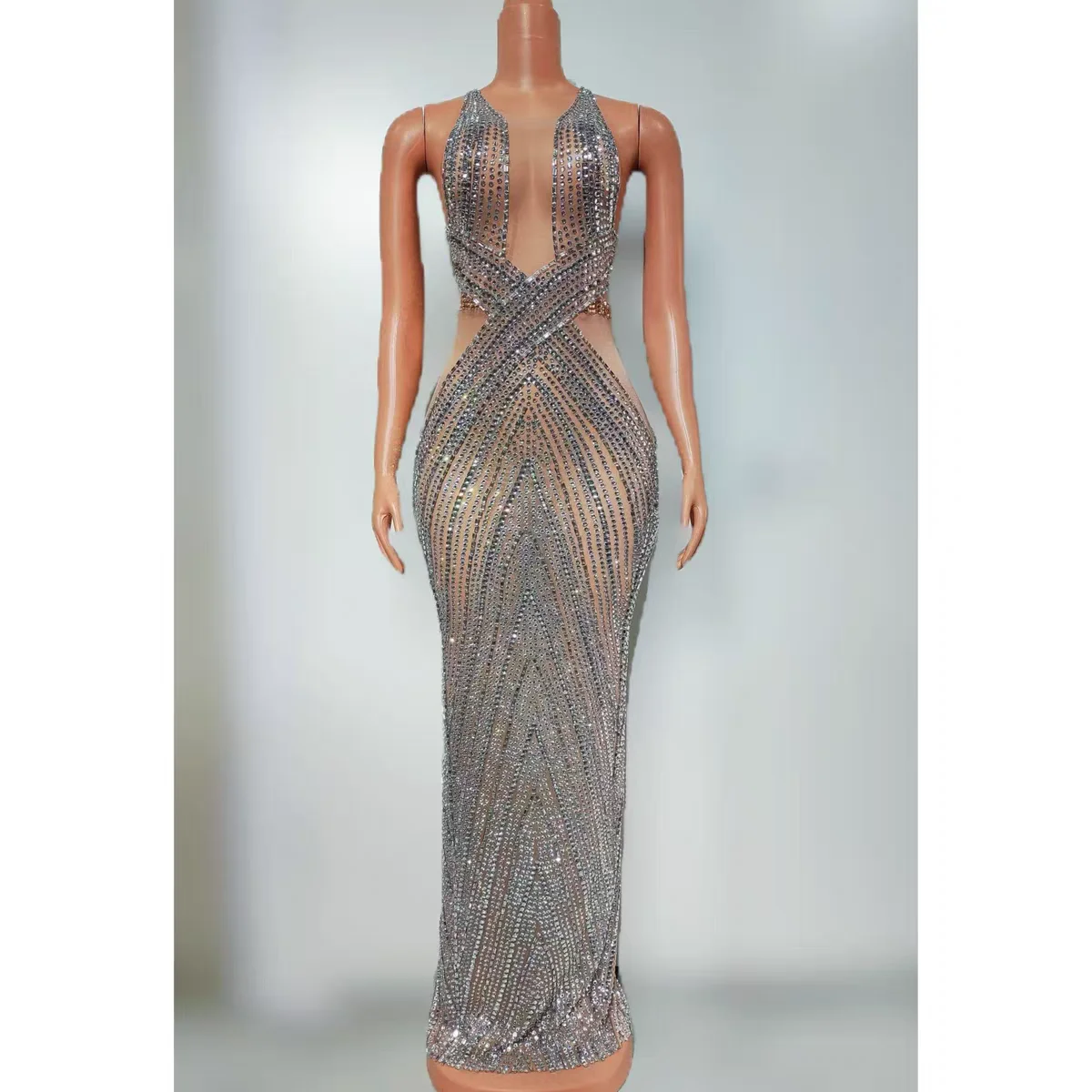 

Nightclub DJ Bar Female Singer Stage Costume Sexy Full Diamond Perspective Mesh Slimming Skirt Dance Team Party Theme Show