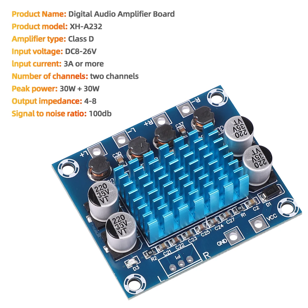 1PCS XH-A232 30W+30W 2.0 Channel Digital Stereo Class D Audio Power Amplifier Board DIY 60W Amplificador Sound Board DC 8-26V 3A