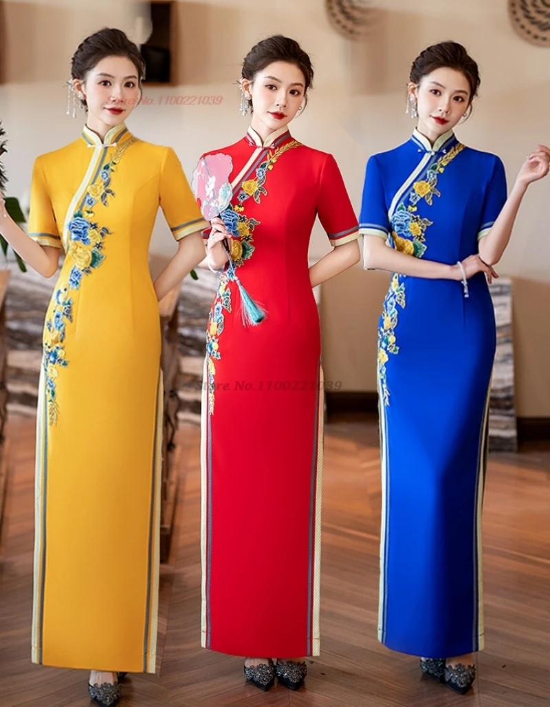 

2024, китайское торжественное платье, Cheongsam, Ципао, традиционная цветочная вышивка, улучшенное Ципао, восточное свадебное банкетное вечернее платье