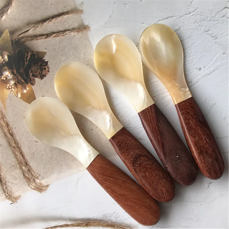 10CM conch shell spoon inlaid mahogany caviar French sauce dessert ice cream coffee mask spoon handmade craft spoon