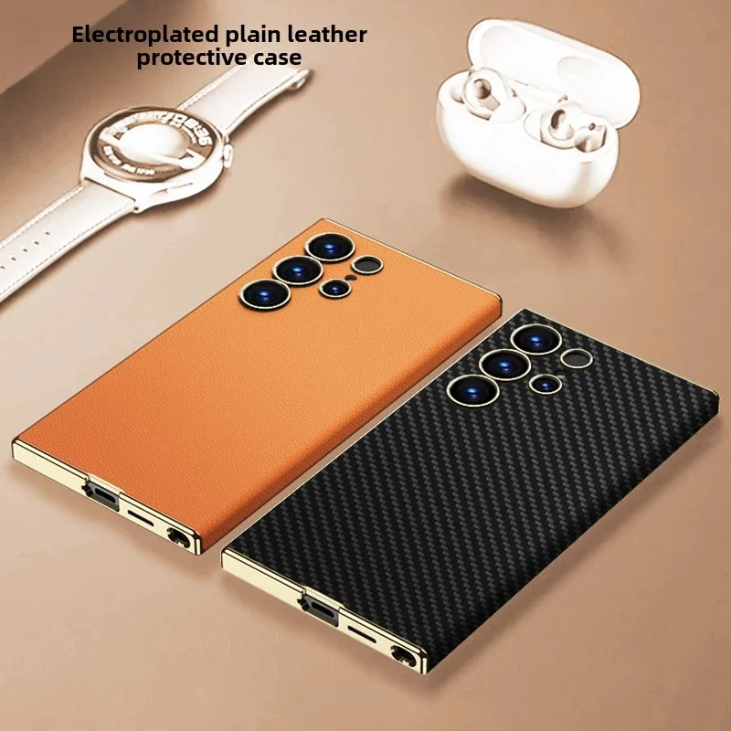 

Electroplated Skin Leather Curved Surface Cover for Samsung Galaxy S25 S24 Ultra Plastic Hard Shell Protective Holder Phone Case