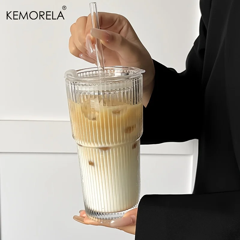 KEMORELA 1/2PCS Stripe Coffee Glass Cup With Lid and Straw ,Clear Bubble Tea Cup Juice Glass Milk Mocha Cups Breakfast Mug Home