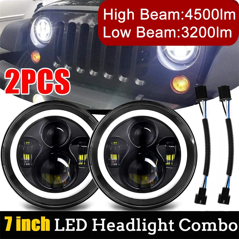 

2PCS 7Inch Led Round Headlights Angle Eyes Headlamp High/Low Beam Driving Light for Jeep Wrangler JK TJ LJ