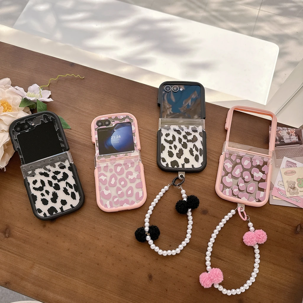Fashion Trend Pink Black Leopard Print With Lanyard Shockproof Protective Phone Case for Samsung Galaxy Z Flip 7 6 5
