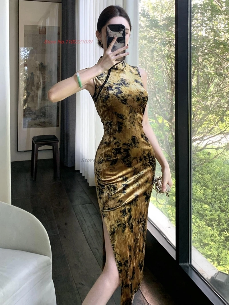 

Китайское сексуальное Ципао 2021, бархатное вечернее платье Cheongsam с цветочным принтом, традиционное китайское сексуальное Ципао без рукавов для ночного клуба