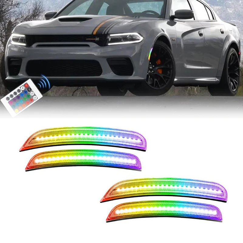 RGB LED Side Marker Lights for Dodge Charger 2015-2023, Smoked Lens Front&Rear Bumper Turn Signal Lamp Assembly Kit Accessories