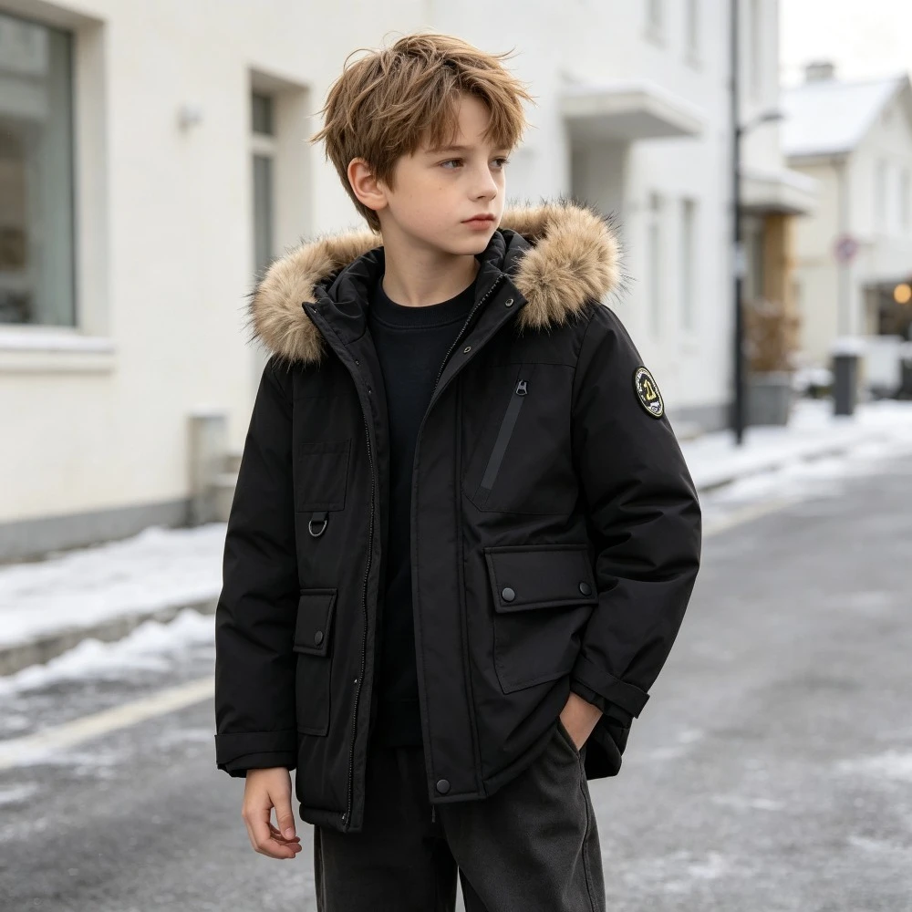 Boys Winter Parka Jacket Faux Fur Hooded Thick Warm Windproof Coat Multi‑pocket Outdoor casual Kids Black Outerwear For 8‑12Y