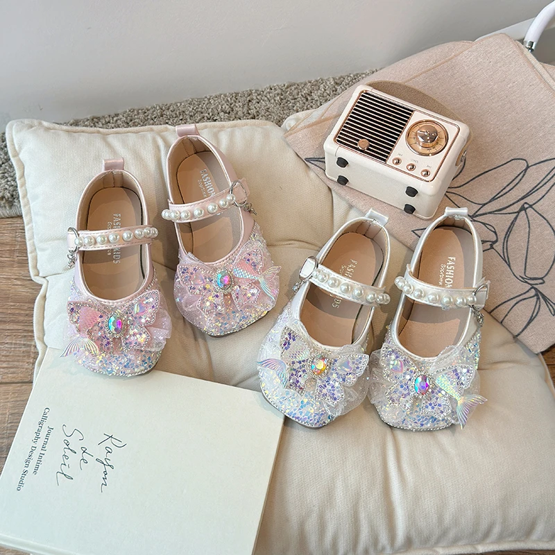 Autumn Girls Mermaid Princess Shoes Sparkly Sequins Glitter Kids Flats Pearl Strap Party Soft Sole Pretty Children Mary Janes