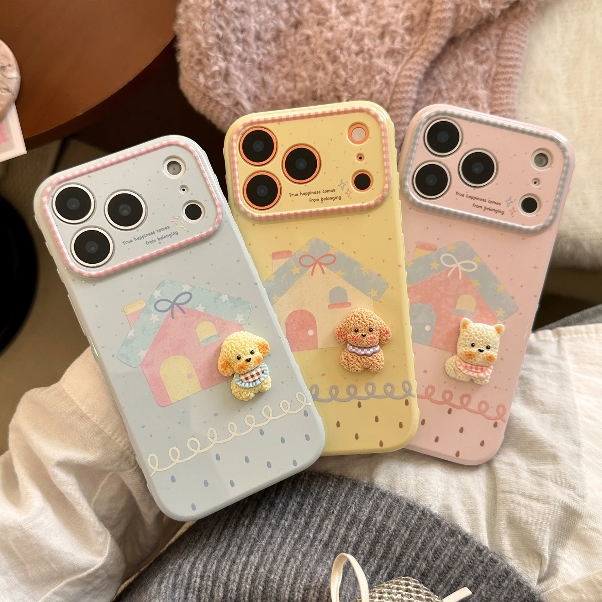 Koreanische Bonbonfarben Schleifenhaus 3D Cartoon Welpen Handyhülle für iPhone 17 16 15 14 13 12 Pro Max Stoßfeste Schutzhülle Weiche Abdeckung