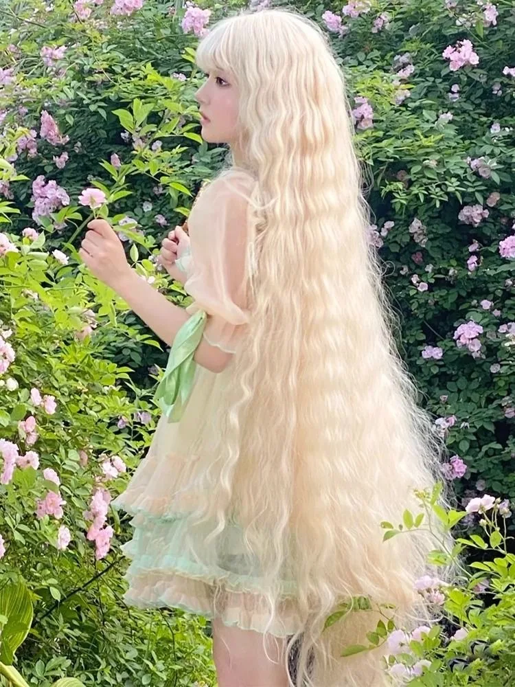 Rapunzel Synthetic Wig Female Full Headband Long Curly Hair Lolita Golden Wigs Simulation Natural Cosplay Glueless Wig For Women