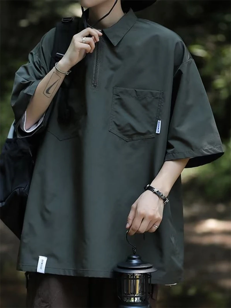 

Japanese Sle f Zip irt ort Sve Men's Summer Heavy Du Workwear T-irt Trendy Vintage f Sve Top