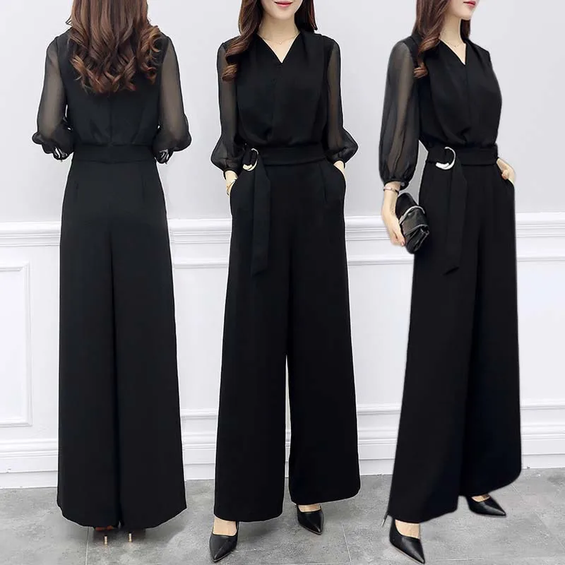 

Spring and Summer New High-waisted Chiffon Jumpsuit Black Slim-fitting Temperament Wide-leg Jumpsuit Women
