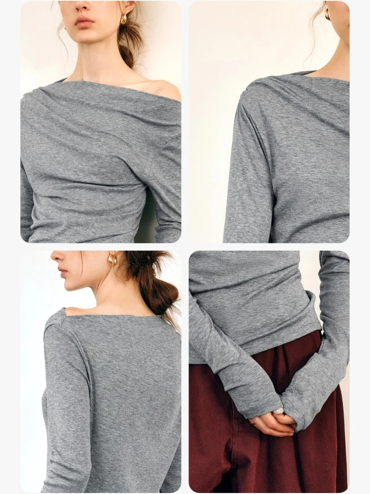 OLrain الفرنسية طويلة الأكمام تي شيرت المرأة خريف 2025 جديد غير النظامية مائل طوق القمم الصلبة Shiring سليم تيز O57QT96063 #6