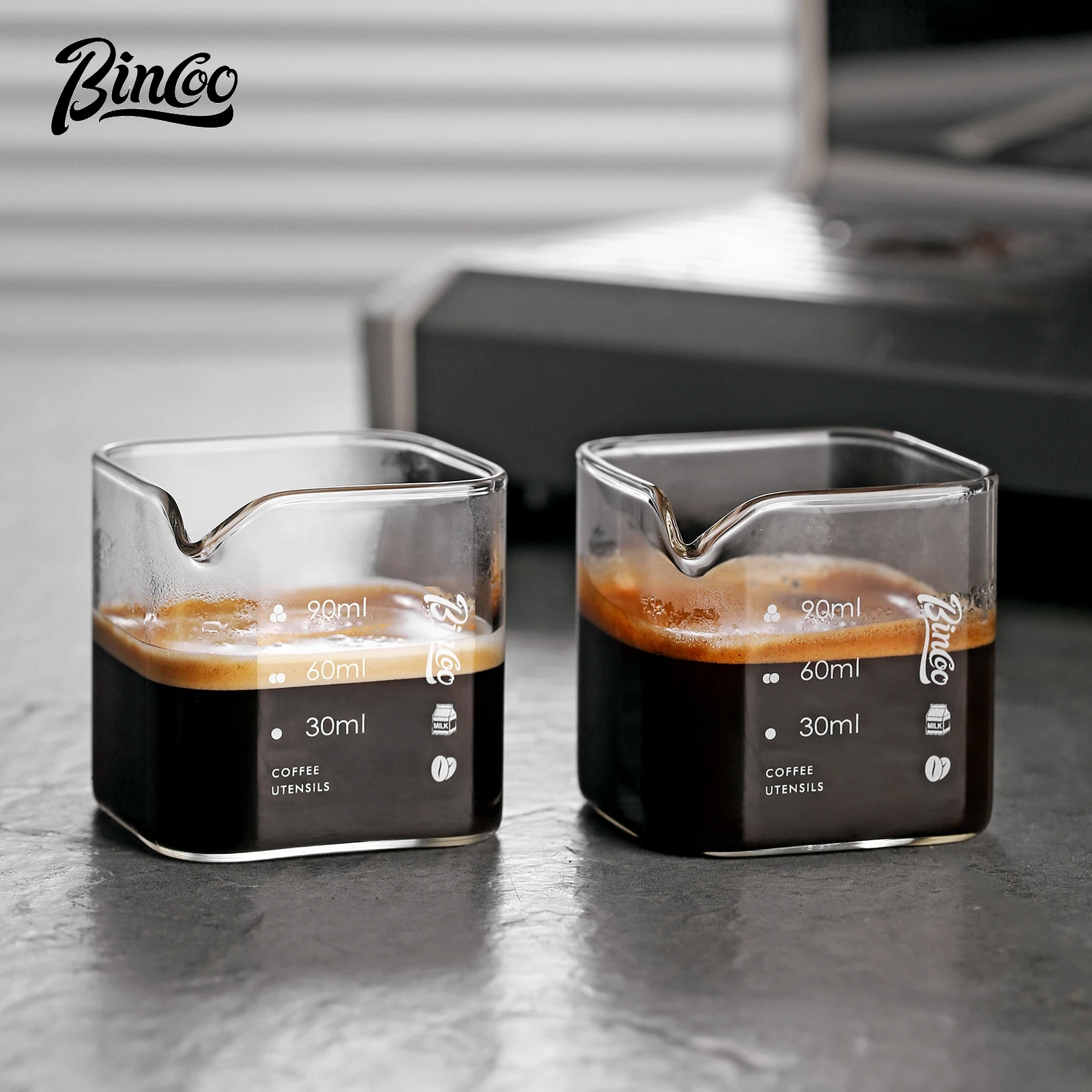

Bincoo 150ml Glass Measuring Cup with Ounce Scale for Espresso & Milk Frothing