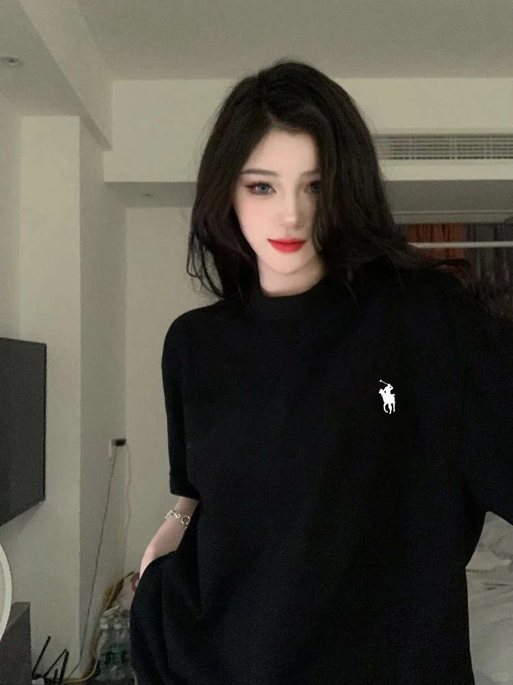 

2025 Été Nouveau Populaire Lâche Style Paresseux Haut À Demi-manches En Coton Américain Lourd Impression À Manches Courtes