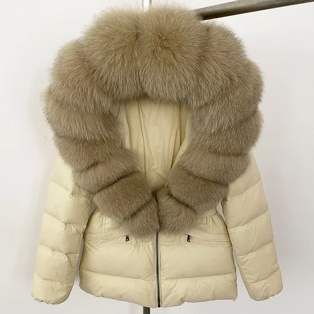 سترة الشتاء النساء الطبيعية الحقيقية الراكون الثعلب الفراء طوق مقنعين حزام سميكة الدافئة ملابس خارجية غير رسمية 2024 الأبيض بطة أسفل معطف #2