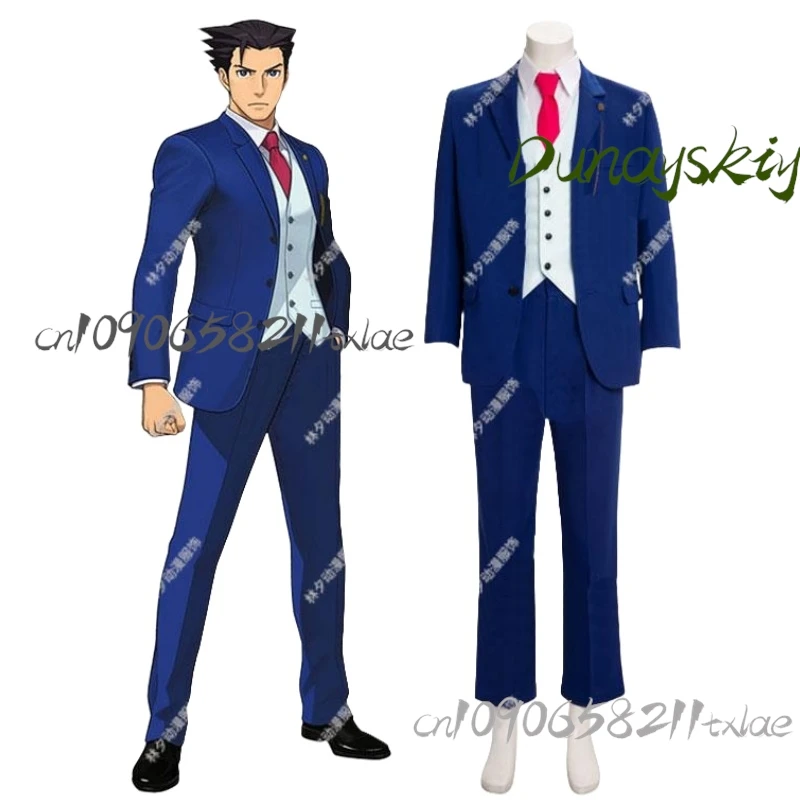 Ace Attorney Phoenix Wright Cosplay Costumes Blue Uniform Suit Jacket With Tie Halloween Party Role Play Props Wig Customized