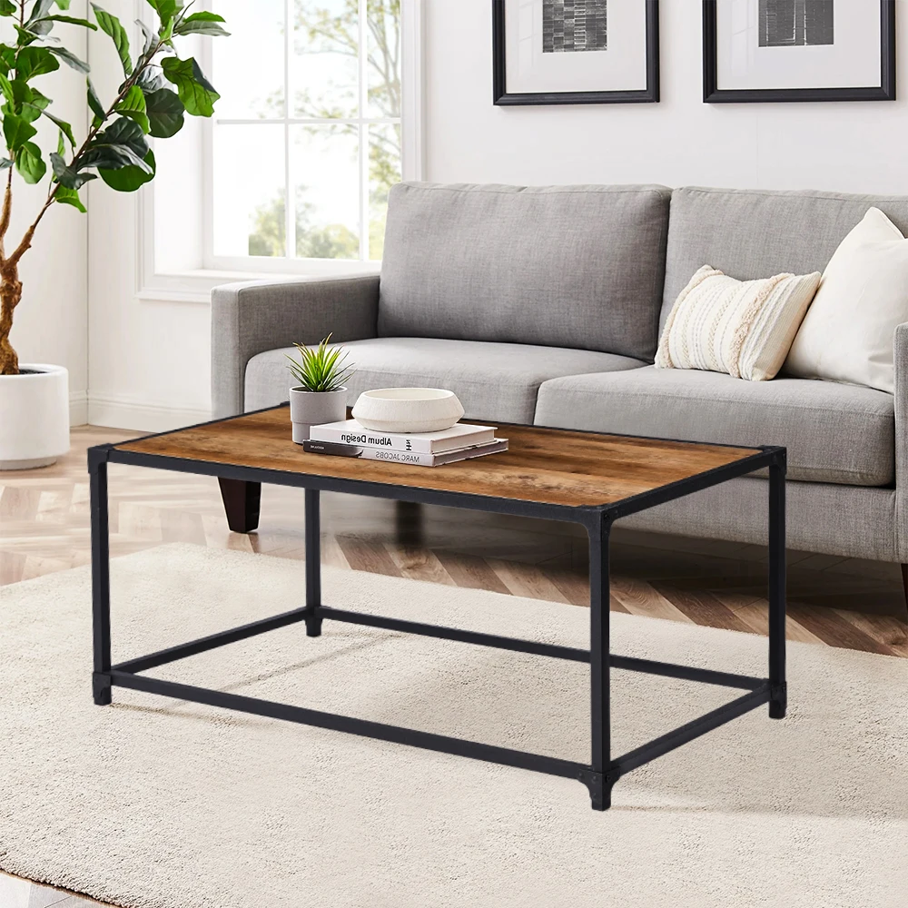 Brown Rectangle Retro Wood Coffee Table for Living Room with Metal Steel Frame