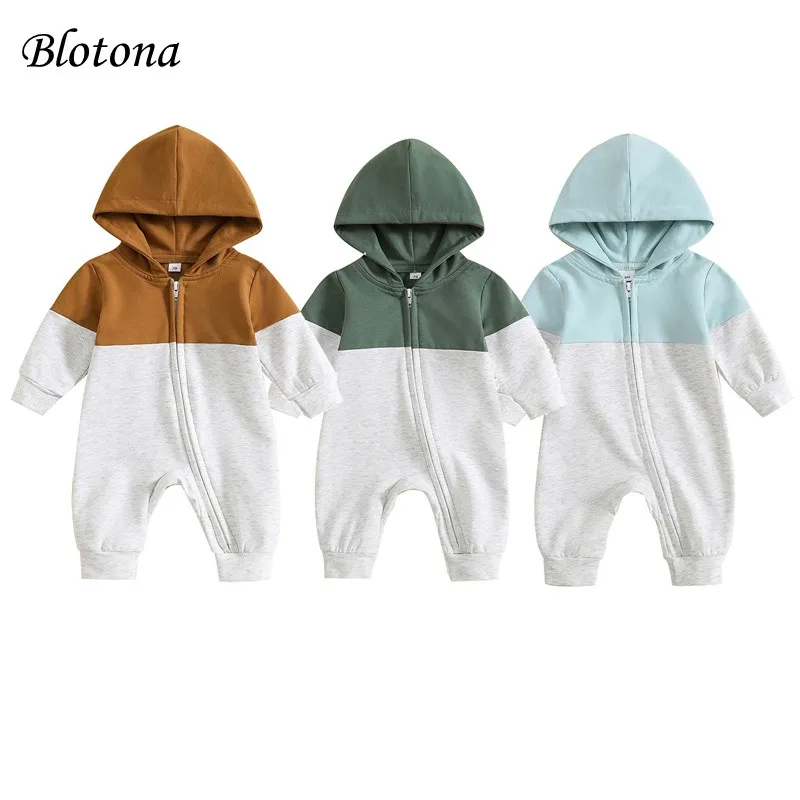 

Blotona Baby Boy Girl Long Sleeve Romper Contrast Color Casual Zipper Hooded Jumpsuit for Infant Fall Spring Clothes 0-18Months