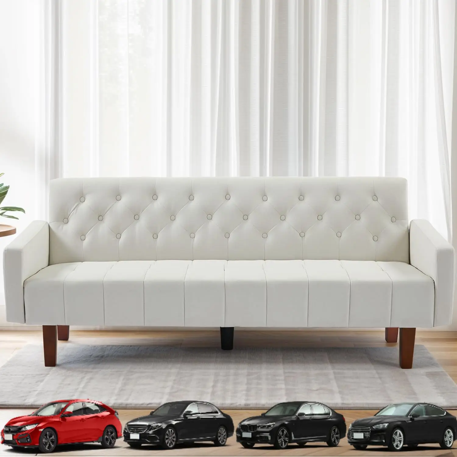 

Beige Tufted Back Sofa Bed Mid-Century Convertible Sleeper Futon with Tapered Wood Legs for Apartment Lounge Living Room