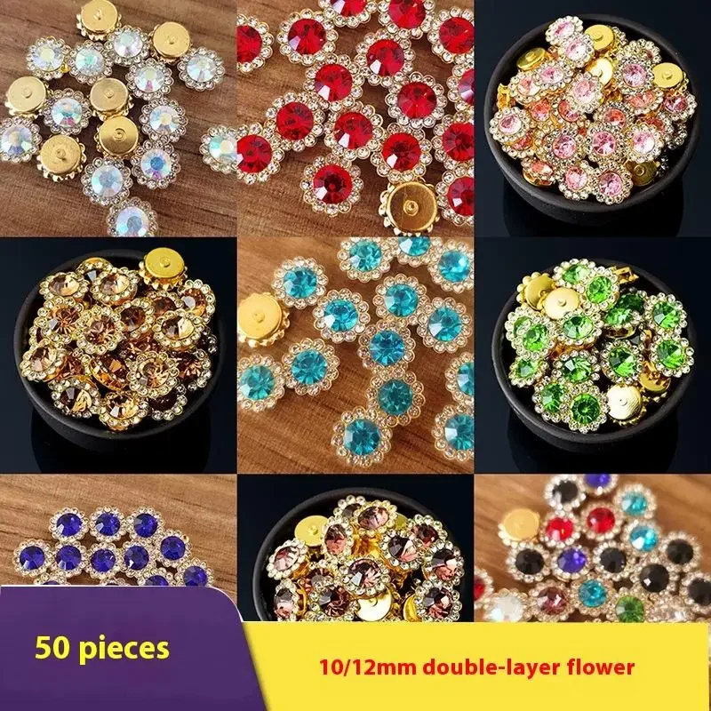 

50p 10/12 мм круглый хрустальный стеклянный швейный камень, клеевые стразы с когтями, золотая основа, пуговицы, пришивные стразы для одежды своими руками, поделки