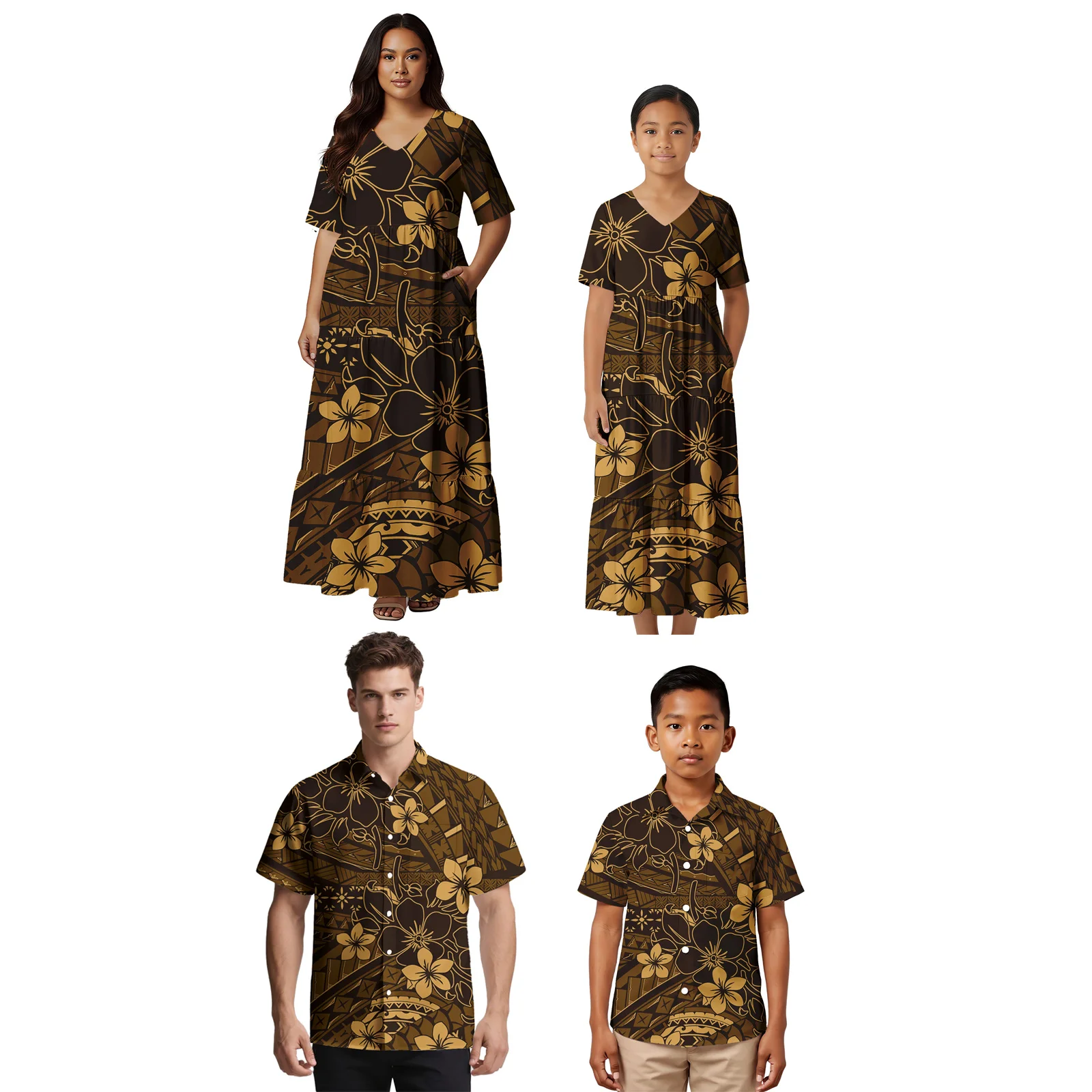 

All Seasons Custom Logo Family Set Polynesian Men Boy Shirt Samoan Women Girl Dress Hawaiian Father Mother Son Daughter Outfits