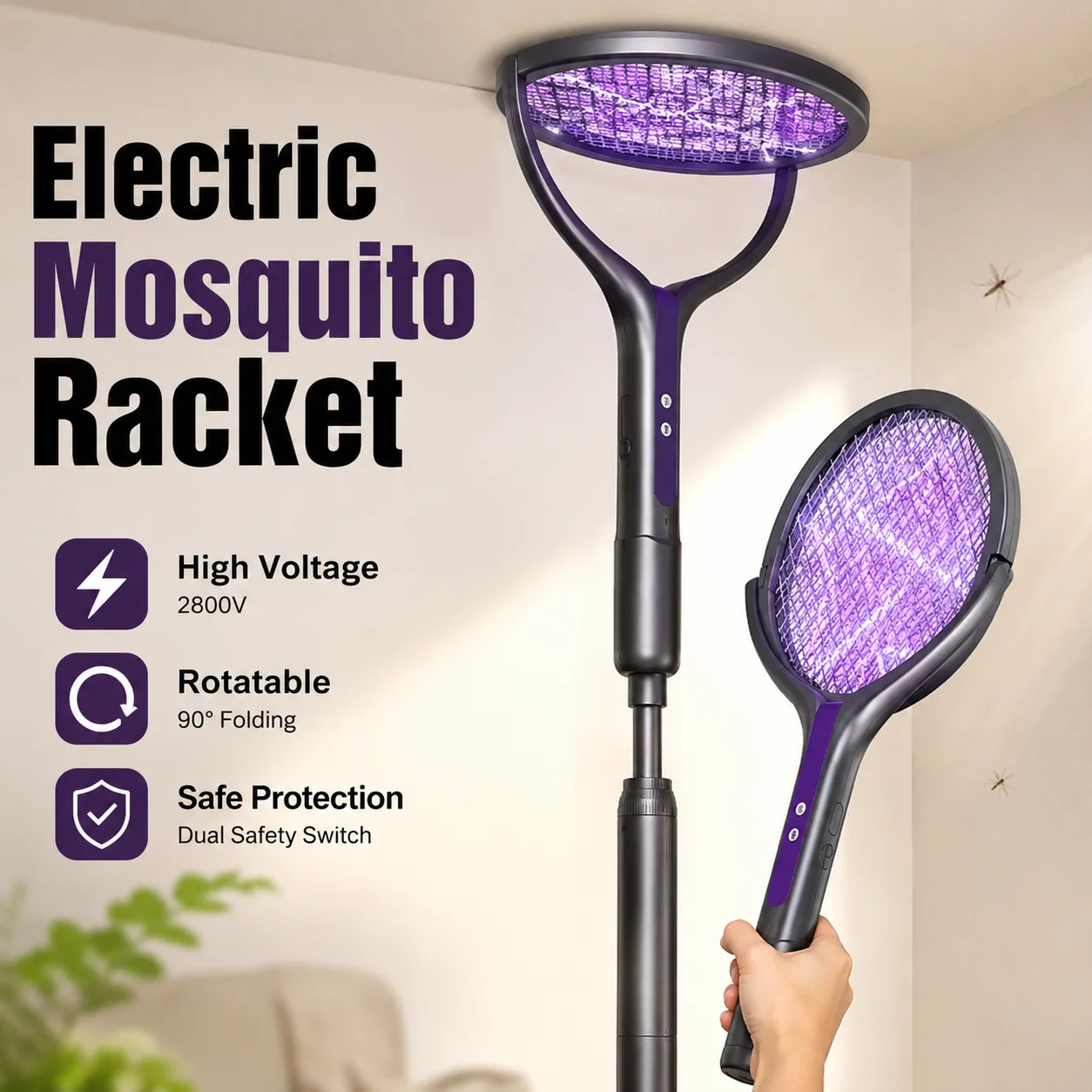 2 in 1 Telescopic Electric Mosquito Swatter USB Chargable Foldable Racket Face Household Auto Mosquito Killer Lamp Fly Swatter