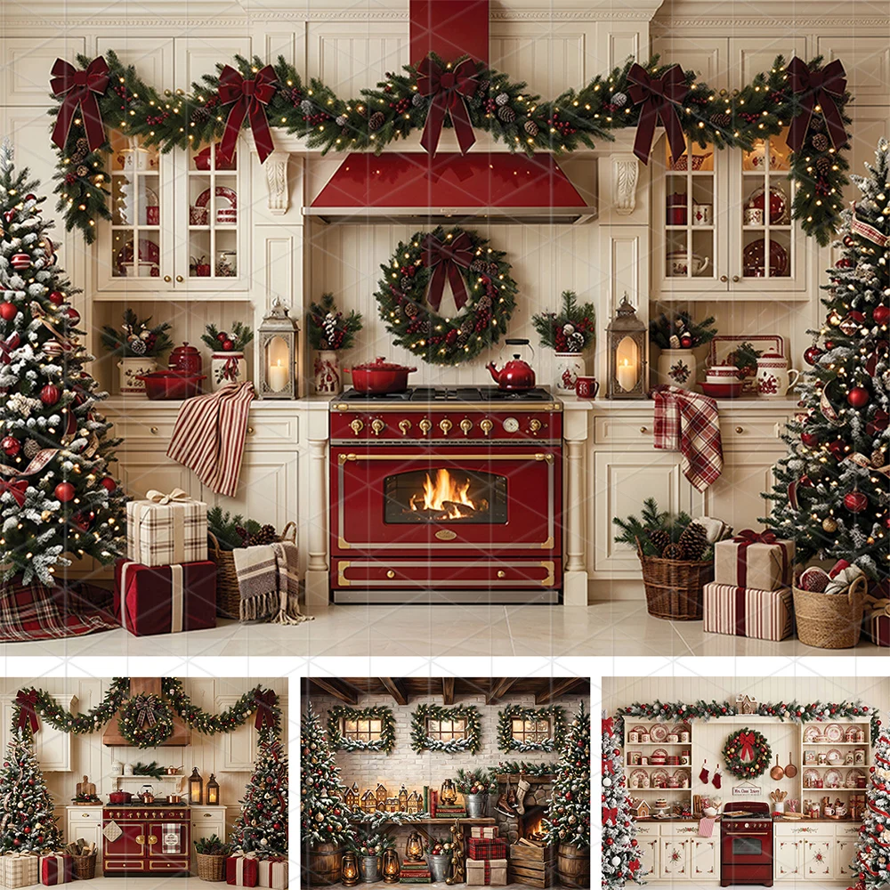 Xmas Kitchen Photo Backdrops Winter Festive Red Fireplace Xmas Tree Wreath Gift Photo Backgrounds