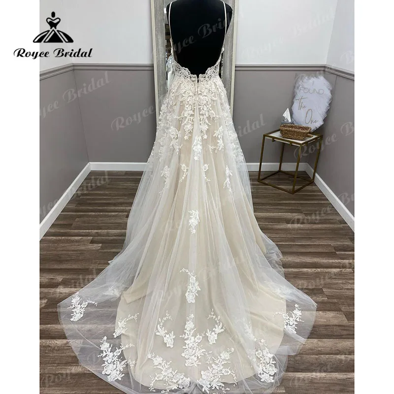 Uma linha de renda apliques sem costas cintas de espaguete 3d floral vestido de casamento com decote em v verão 2023 vintage feminino boho vestidos de casamento