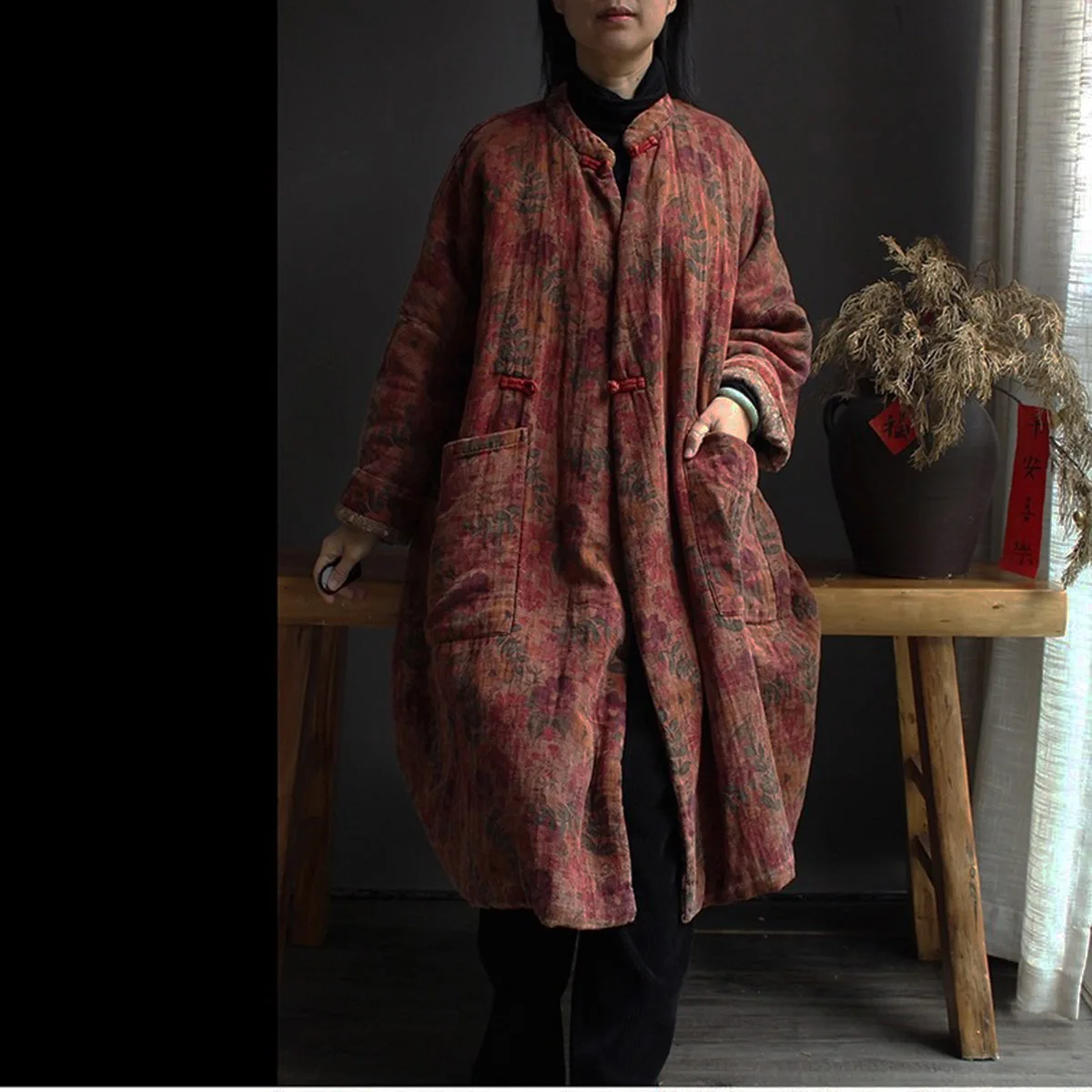 Originele katoenen bedrukte zachte gewatteerde jas dames herfst winter retro casual zachte warme losse kimono lange uitloper jassen met zak