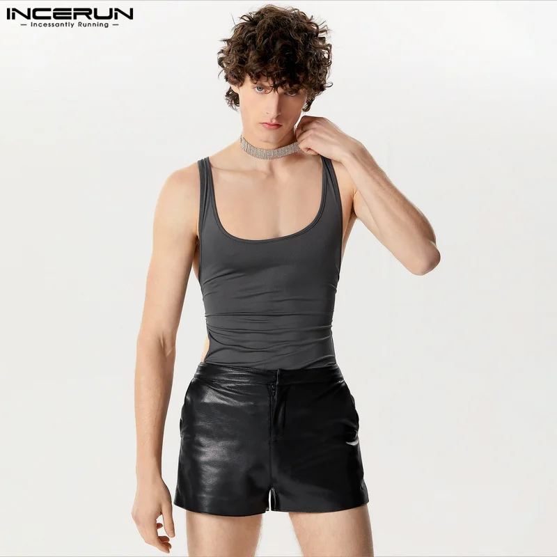 INCERUN 2024 Sexy New Mens Homewear Personality Side Hollow Design Jumpsuits Casual Simple Male Solid Sleeveless Bodysuits S-5XL