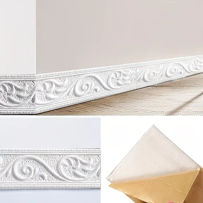 1Roll 3D Embossed Foam Wall Decor Self Adhesive Backing Board Trim Decorative Wallpaper Border Baseboard Molding Home Decor
