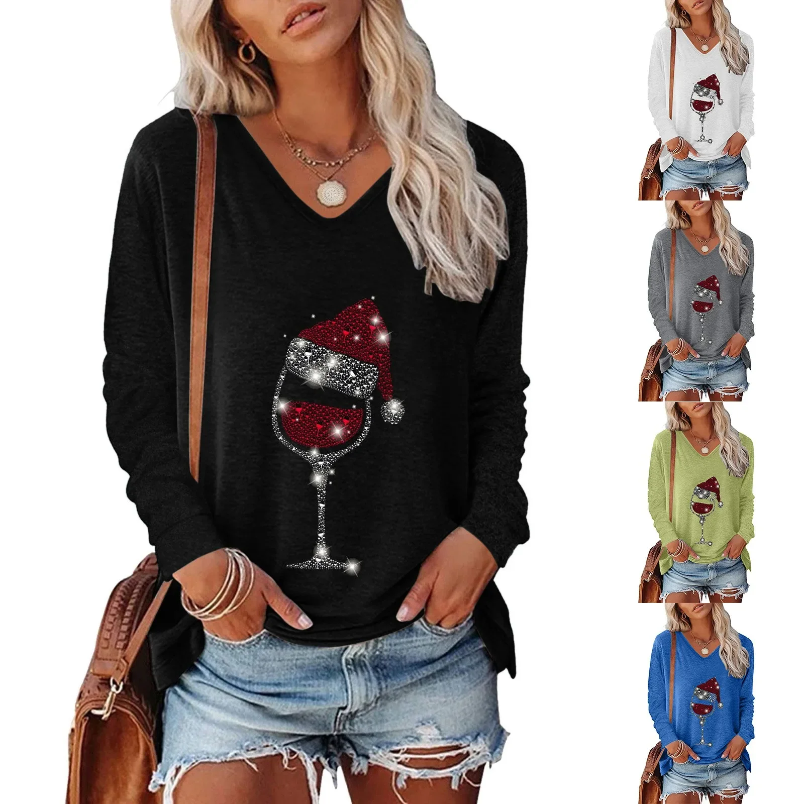 Women Christmas T Shirt Pullover Tshirt V Neck Christmas Hat Wine Glasses Print Long Sleeve Top Casual Female Tops Fashion 2023
